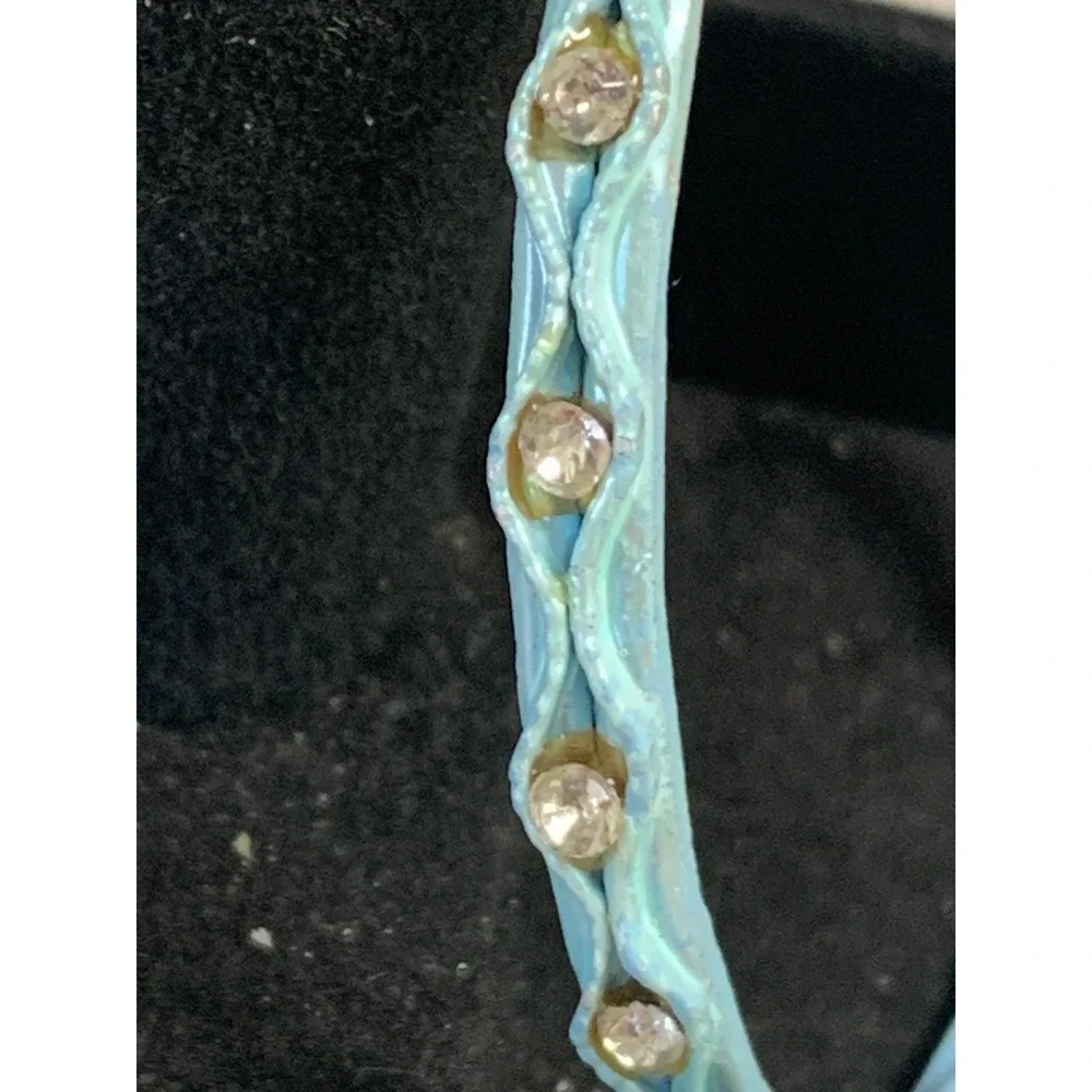Light Blue Enamel Rhinestone Bangle Bracelet Slim Textured Stacking Band